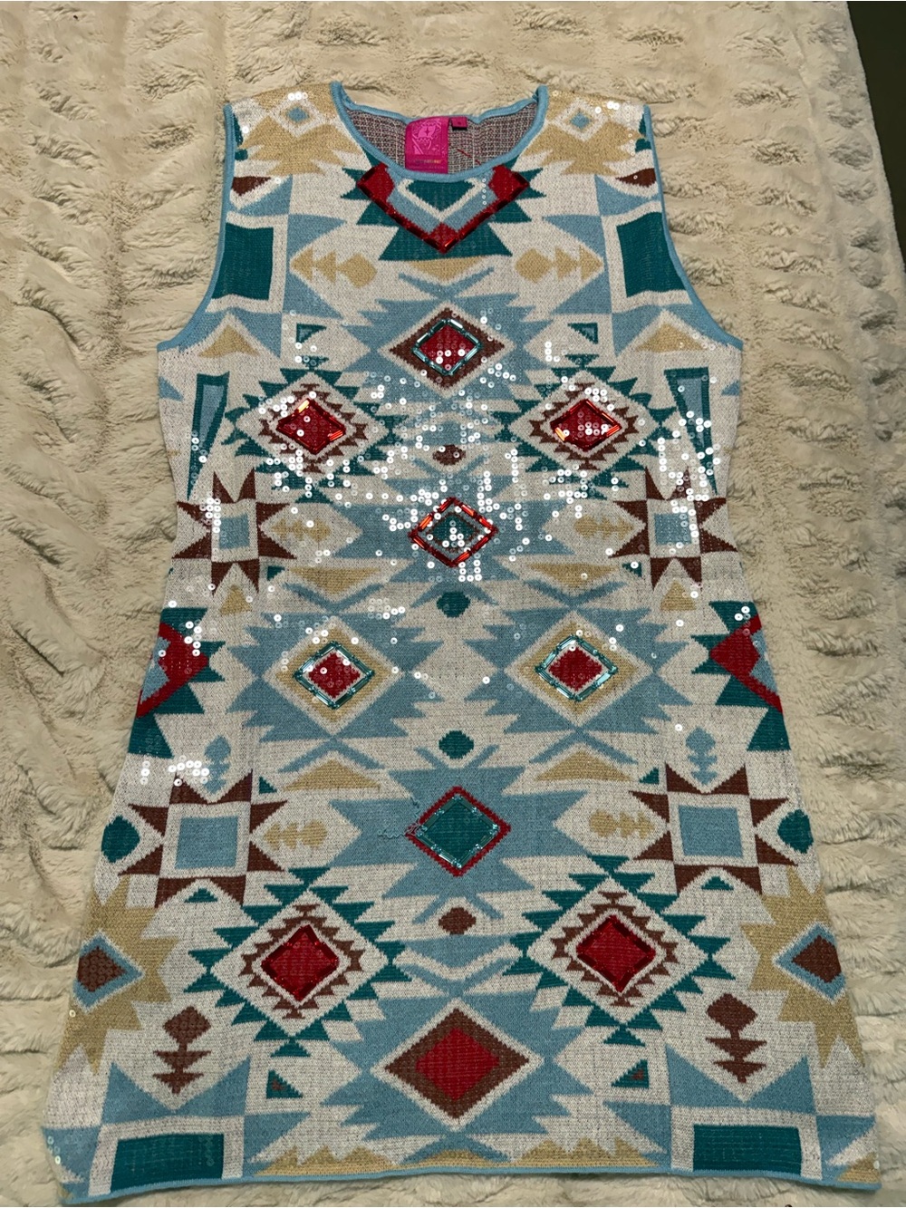 New Queen of Sparkles Blue Multi Sequin Aztec Print Knit Tank Dress Small Rodeo